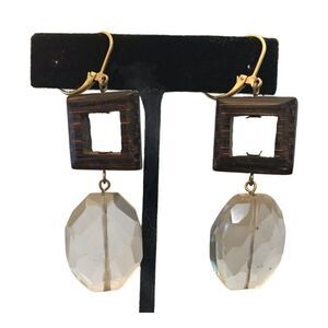 Long Dangle Pierced Earrings Wood Square Faceted Clear Plastic Oval Vintage Mod
